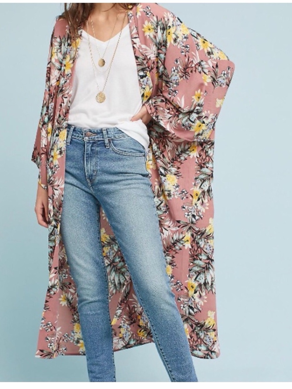 Anthropologie Blush Floral Kimono Duster